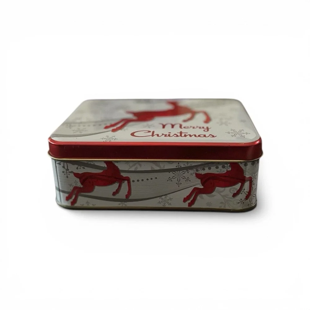 Merry Christmas Reindeer Cookie Tin Red‎ White Silver Holiday Gift Box Storage